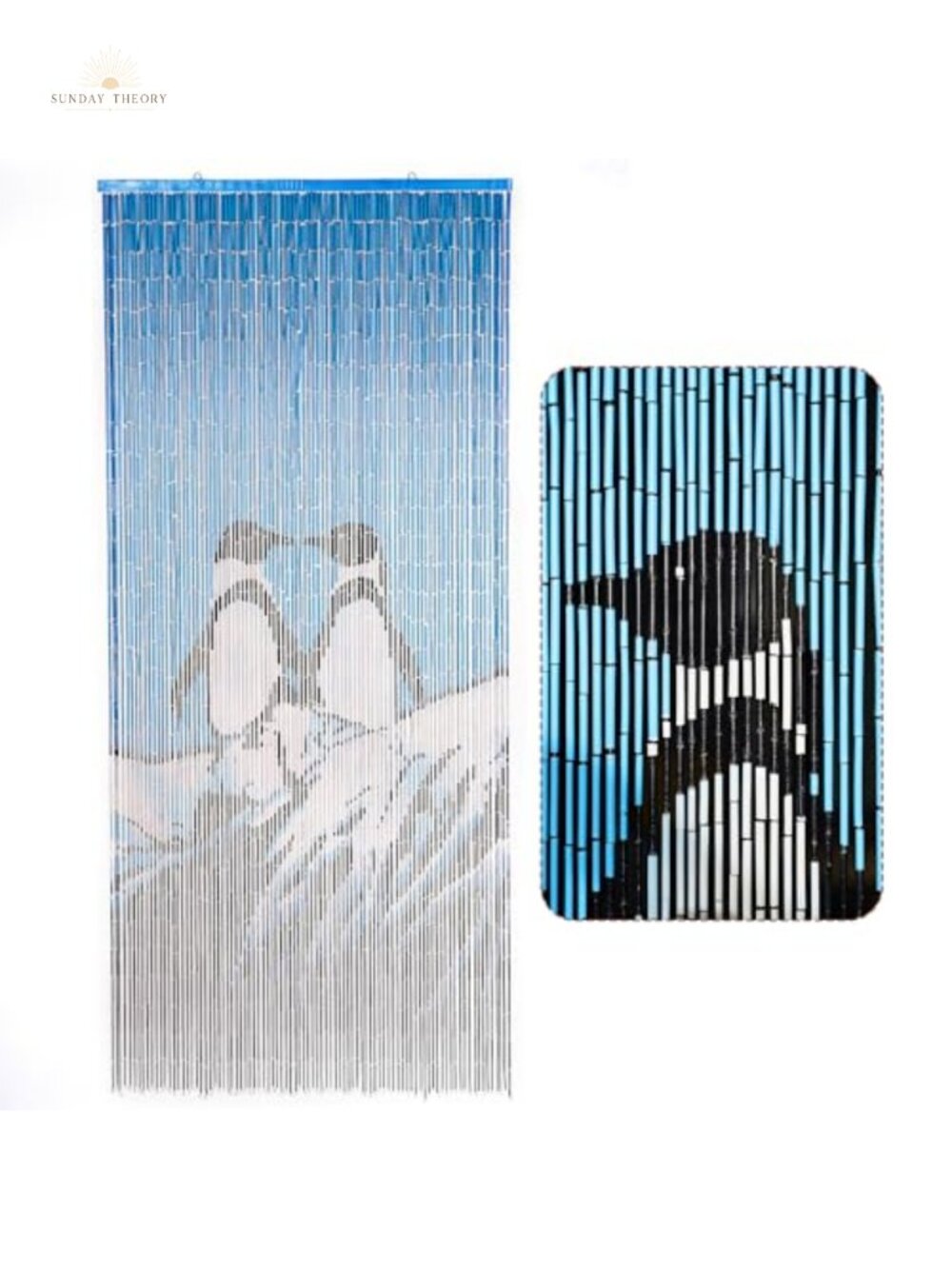 Handmade Wooden Beaded Curtain Doorway Divider Penguins Snow Art